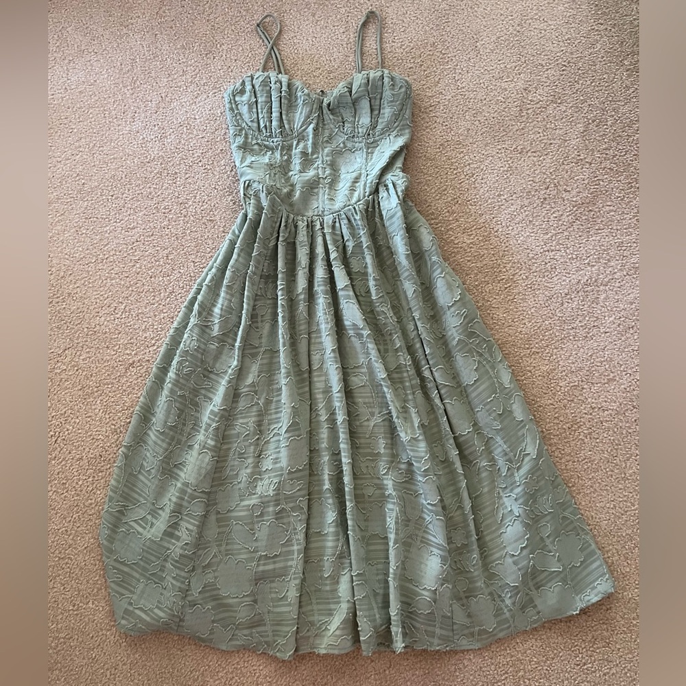Light Green Floral Midi Dress Lace-Up Back - Size S